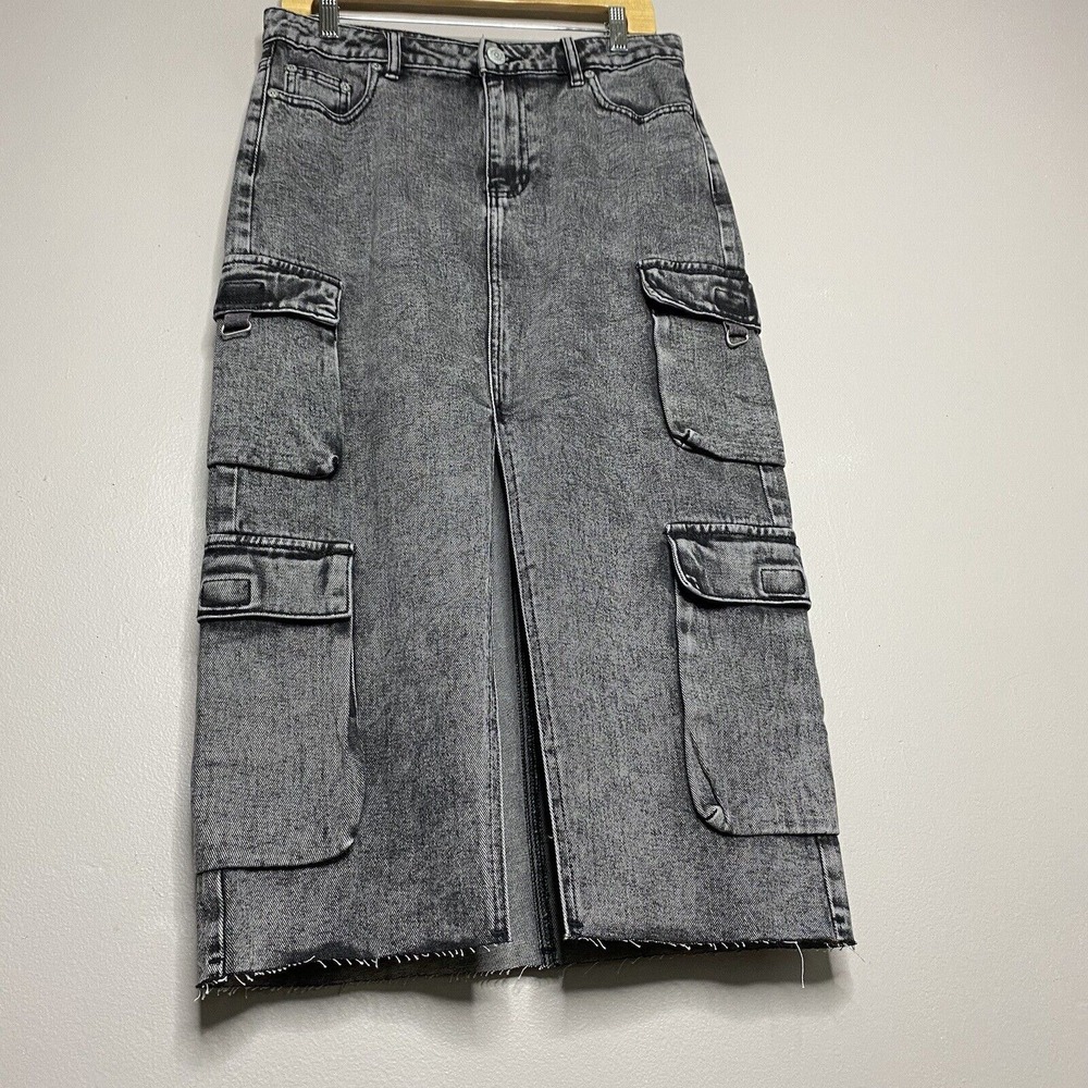 True Religion Vintage Style Charcoal Wash‎ Denim Cargo Midi Skirt Slit Front 27 - Picture 2 of 16